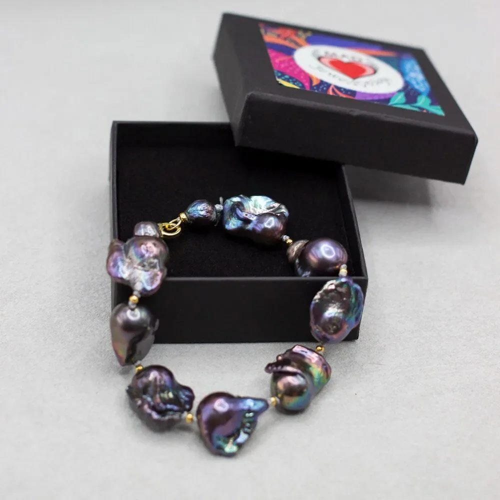 Black Baroque Pearl Bracelet, Handknotted 925 Sterling Silver Gold Plated